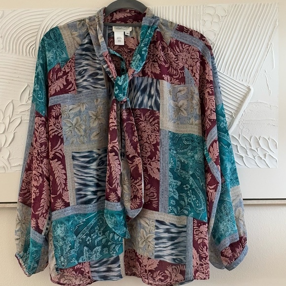 Coldwater Creek Women's SZ S Maroon Blue Cream Blouse Front 1/2 Button w/ Tie - Picture 1 of 13